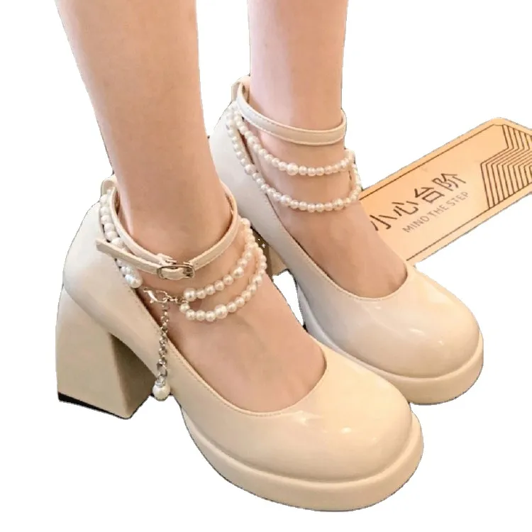 The new Mary jean jean bead word buckle shoes with high heels thick with waterproof round head elegant joker good-looking women'