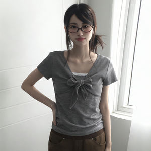 Ins Style Korean Black Grey Stripe Colorblock Tank <b>Top</b> Two Piece Set Short Sleeve Layered Look <b>Top</b> Basic Casual Versatile Blouse - Product Image 3