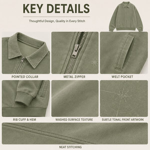 Chaqueta Casual Oversize para <span class=keywords><strong>Mujer</strong></span> al por Mayor, Verde Salvia, Estilo Vintage Lavado, con Cremallera, Bordado Geométrico de Brújula Personalizado y Cuello. - Product Image 4
