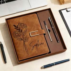 Carnet en cuir de luxe personnalisé pour femme, avec gravure laser du nom et fleur de naissance, ensemble journal et stylo assorti, promotionnel - Product Image 3