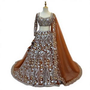 Bewafa Designer Brown A-Line Wedding Lehenga Choli Long Sleeve <b>Square</b> Collar Real <b>Mirror</b> Sequence Work Natural Waistline Crop - Product Image 1