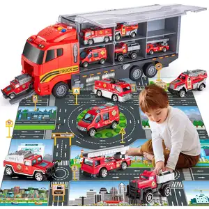 Ensemble de jouets de transport de véhicules de secours incendie moulés sous pression personnalisés 8 en <span class=keywords><strong>1</strong></span>, camion porte-voitures, tapis de jeu, camion de pompiers en plastique, alliage et métal, cadeaux - Product Image 1
