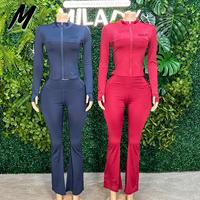 Vêtements de sport pour femmes, veste zippée intégrale, pantalon de yoga évasé, ensemble d'entraînement deux pièces avec trous pour les pouces, vêtements de sport personnalisables avec logo