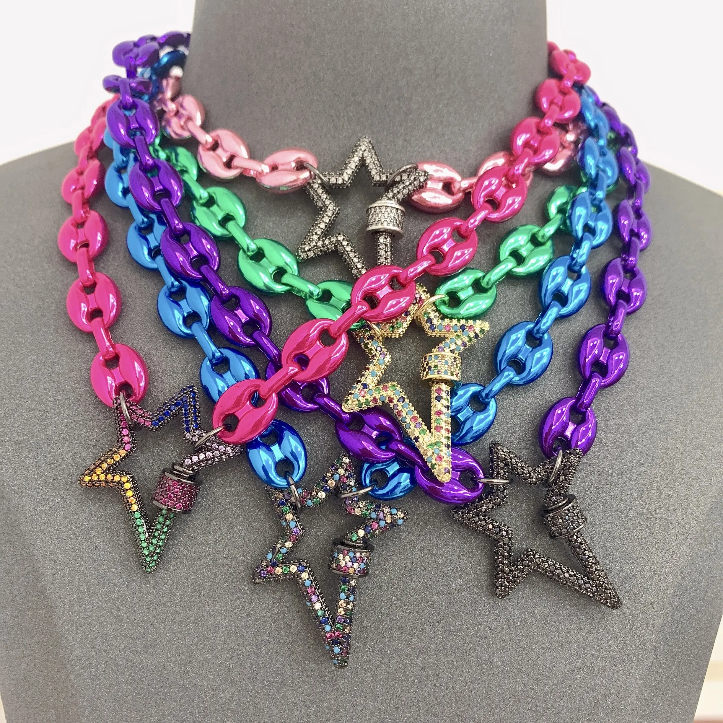 BD-B3517 Luxury pink red purple blue green metallic chain necklace and star clasp pendant for women girls to wear