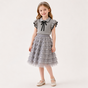 Completo Estivo Elegante per Bambine, 2 Pezzi: Top in Maglia con Volant e Gonna in Tulle, Poliestere e Cotone, Personalizzabile OEM con Etichetta Privata - Product Image 2