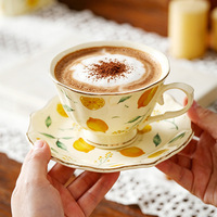 Tasse à café en céramique beige citron frais, style nordique minimaliste, avec soucoupe et plateau, 250 ml, ensemble de thé de l'après-midi, design à traces dorées