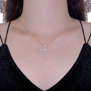 Collar con Colgante de Cruz Chapado en Oro con Circonitas, Joyería Religiosa de Moda para Mujer, Venta al Por Mayor - Product Image 3