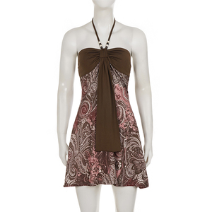 Robe mini style bohème rétro à imprimé cachemire, col halter orné de perles, style vacances, robe trapèze pour femmes - Product Image 6