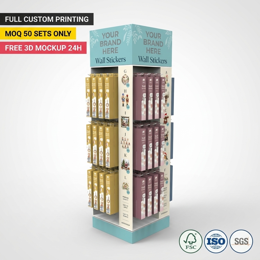 Wholesale Custom 4 Side PVC Wall Sticker Display Stand Floor Standing Wallpaper Box Rack Retail Shop DIY Home Decor Shelf OEMODM