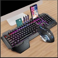 Keyboard dan Mouse Mekanik Nirkabel 2.4G Combo, Mouse Pad Kulit Prancis, Mendukung Perangkat Seluler, Keyboard dan Mouse Gaming