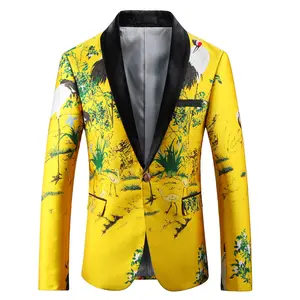 J018男士黄色夹克印花西装俱乐部舞台婚礼套装修身正装休闲男士西装外套