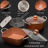 Set peralatan masak 7 buah, keranjang goreng logam berkelanjutan, peralatan masak persegi anti lengket untuk koki tembaga