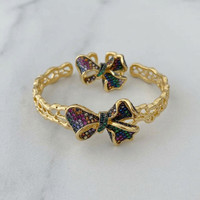 Ensemble de bijoux multicolores en CZ avec nœud, 2 pièces, bracelet et bague, bracelet manchette ajouré plaqué or, bijoux de mariée, fournisseur B2B