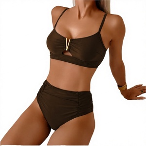 Maillot de bain deux pièces uni pour femme, 5 couleurs, haut en V, bas taille haute, 100% polyester, tailles S-XL - Product Image 1