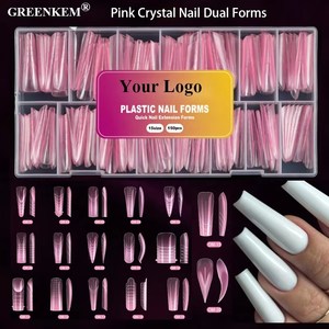 Caja de 150 Piezas de Moldes Duales para Uñas de Cristal Rosa para Extensiones de Gel Rápidas, Alargamiento y Ensanchamiento de Uñas Artificiales, Puntas Profesionales de Moldes Duales - Product Image 1
