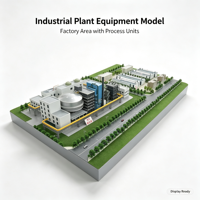 Conception de modèles 3D d'équipements industriels pour hôtels, réservoirs, tours, cheminées, unités bleues, plateformes jaunes, routes, ceinture verte, ABS