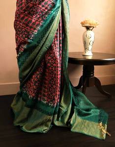 Munga Silk Saree Hand Block Printed Pink and Green Pure Loomed de la mejor calidad para ropa de fiesta a la venta para mujer - Product Image 6