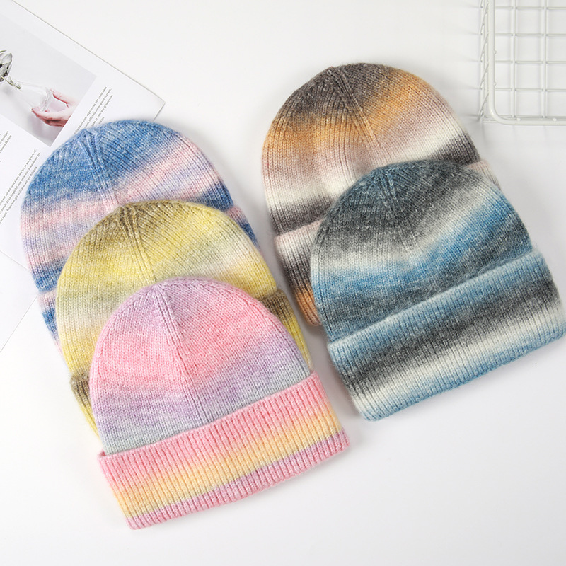 Autumn/Winter Gradient Mohair Jacquard Knit Beanie-Elegant Fold-Over Design Warm Woolen Cap 56-58cm Head Circumference Unisex