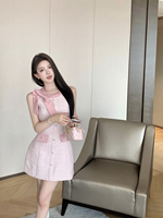 Robe d'été décontractée française pour femme avec nœud et logo frontal, rose élégant