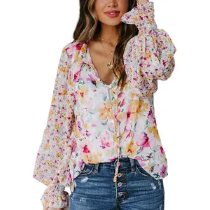 Blusa de gasa con estampado Floral para mujer, blusa elegante de gasa con encaje para mujer 2022