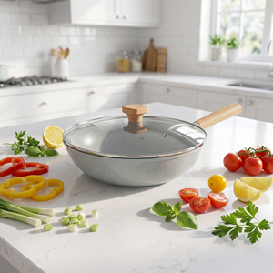 Wok Antiaderente Ecologico Sostenibile Design Coreano in Lega di Alluminio <span class=keywords><strong>28cm</strong></span> Padella con Coperchio in Vetro Capacità 3-4L per Piano a Induzione - Product Image 1