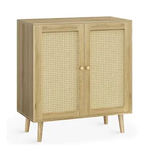 Midcentury Modern Design Solid Wood Storage Cabinet With Pe Rattan Decor Doors