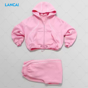 Ensemble deux pièces personnalisé pour femme, rose uni, coupe oversize, respirant, avec veste courte à capuche zippée et pantalon de cheville, style décontracté et sportif - Product Image 4