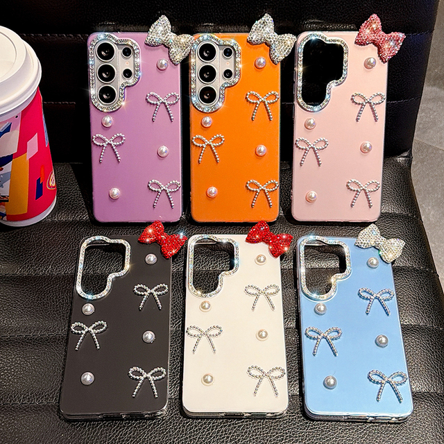 Luxury Glitter Rhinestone Bowknot Case for Samsung S24U S25 S26Ultra Bling Diamond Pearl Phone Cover A18 A08 A17 A27 A57 A16 A36