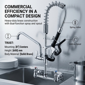Aqua Systems Wall <b>Mounted</b> Kitchen Faucet 2 Handle Pull Out <b>Spray</b> Industrial Style Polished Chrome - Product Image 5