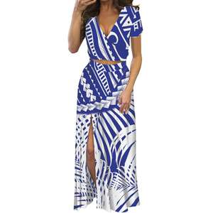 Conjunto de Dos Piezas con Estampado Tribal Geométrico Samoano para Mujer, Top Corto Cruzado con Cuello en V y Falda Maxi con Abertura Lateral, Vestido Tapa de las Islas del Pacífico - Product Image 5