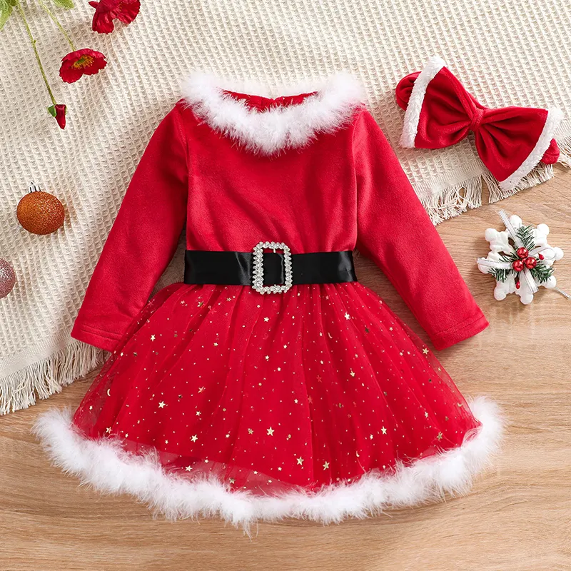 6M-4T Toddler Kids Baby Girls Christmas Outfit Long Sleeve Red Velvet Princess Fur Dress with Belt Children Santa Xmas Gifts
