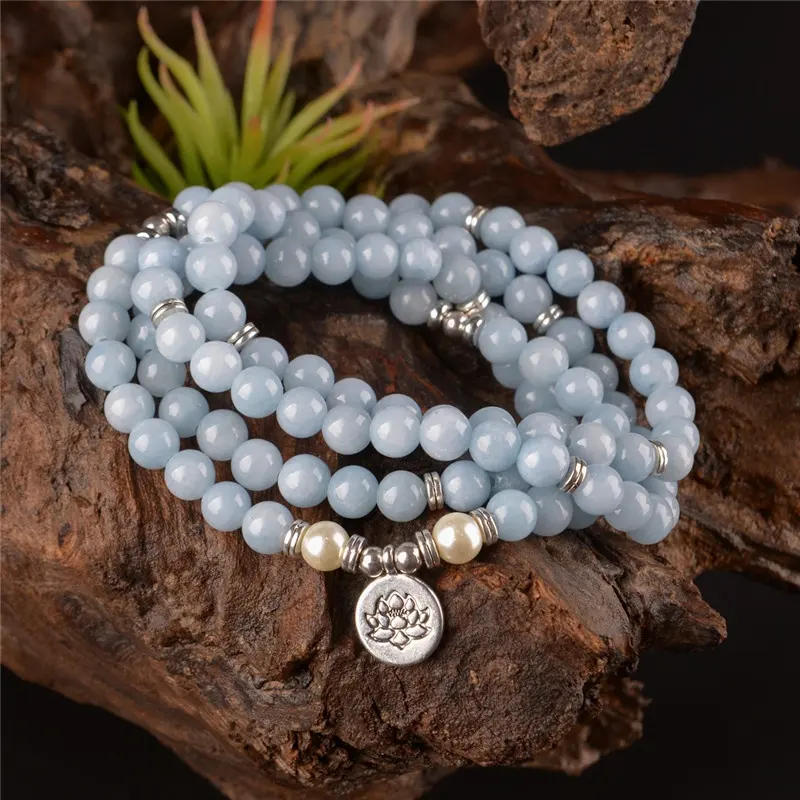 Mala Beads 108 Sky Blue Lotus Strand Yoga Bracelet For Buddha Women Natural Stones Agate Jewelry