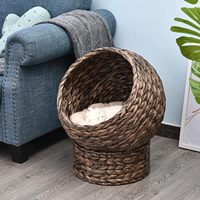 Lit surélevé pour chat tissé à la main avec coussin moelleux et panier en forme de chaise œuf, maisonnette pour chat avec support, maison en osier surélevée pour chats