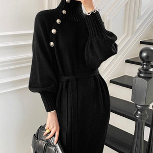 <span class=keywords><strong>Robe</strong></span> Longue <span class=keywords><strong>Pull</strong></span> Tricoté Décontracté d'Hiver pour Femme à Col Roulé et Logo Frontal - Product Image 1