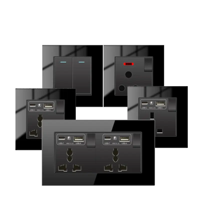 Vidrio templado negro universal Reino Unido conmutado doble 3 pines con doble USB y 3.1A USB tipo C toma de interruptor de pared de carga rápida