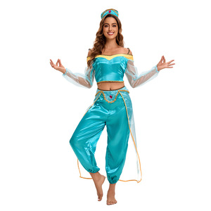Jasmine Princess Costume Women Satin Off Shoulder Top <b>Pants</b> Headwear Halloween Cosplay Fairy Tale Dress - Product Image 2