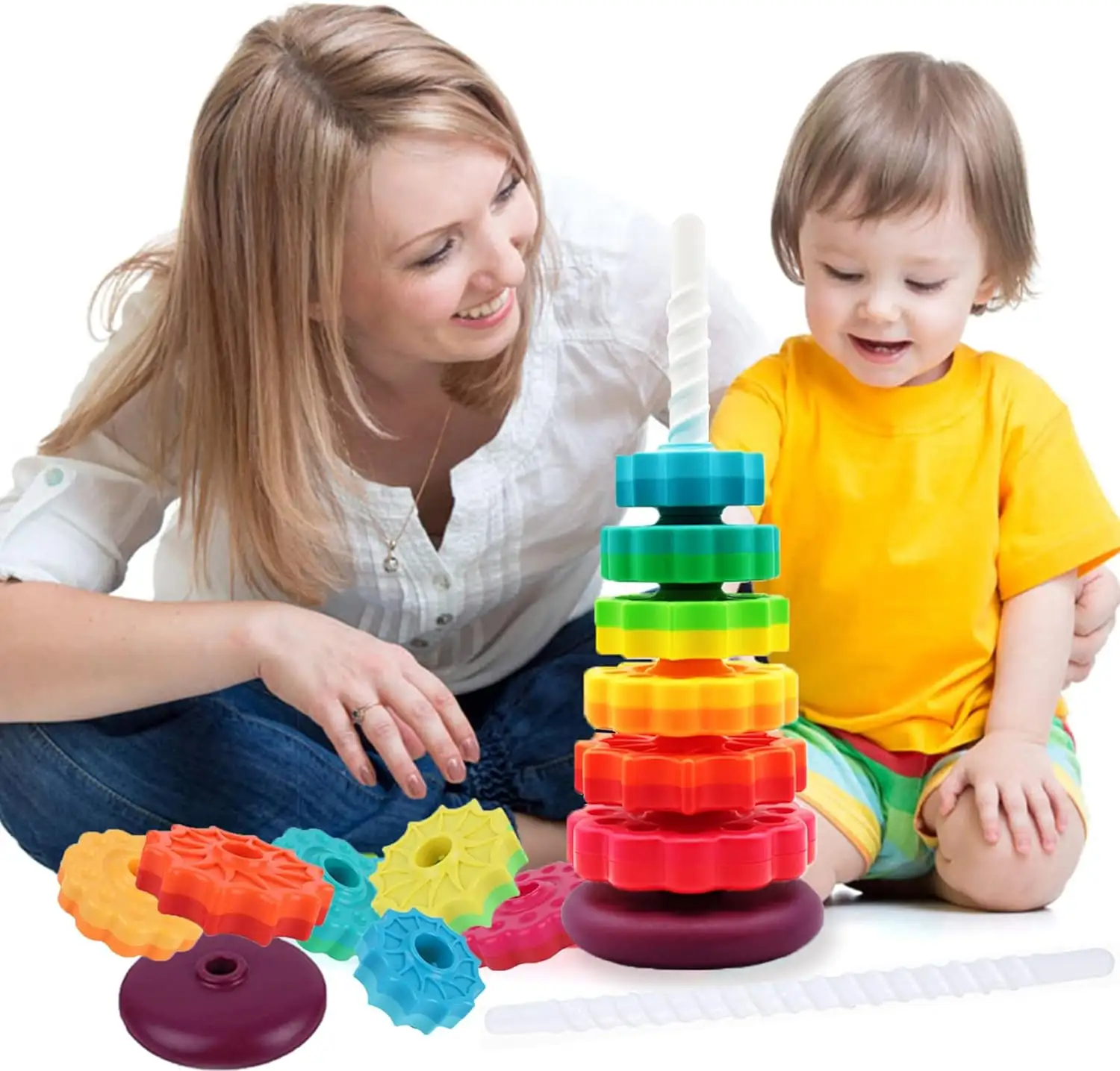 Kids Stacking Toys Spinning Rainbow Gears Stack Toddler Montessori Educational Sensory Toys Motor Skills Gift For Kids