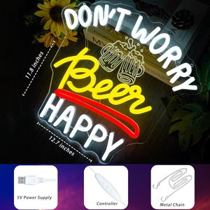 Letrero Luminoso LED '<span class=keywords><strong>Dont</strong></span> <span class=keywords><strong>Worry</strong></span> Beer Happy' Blanco Cálido 2700K, Regulable, 5V, 12000 Horas de Duración, para Pared - Product Image 3