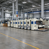 Machine de fabrication de boîtes FFG en ligne, tout-en-un, pour carton ondulé, avec imprimante flexographique, découpeuse, plieuse, colleuse et unité de transfert par adsorption sous vide intégrée.