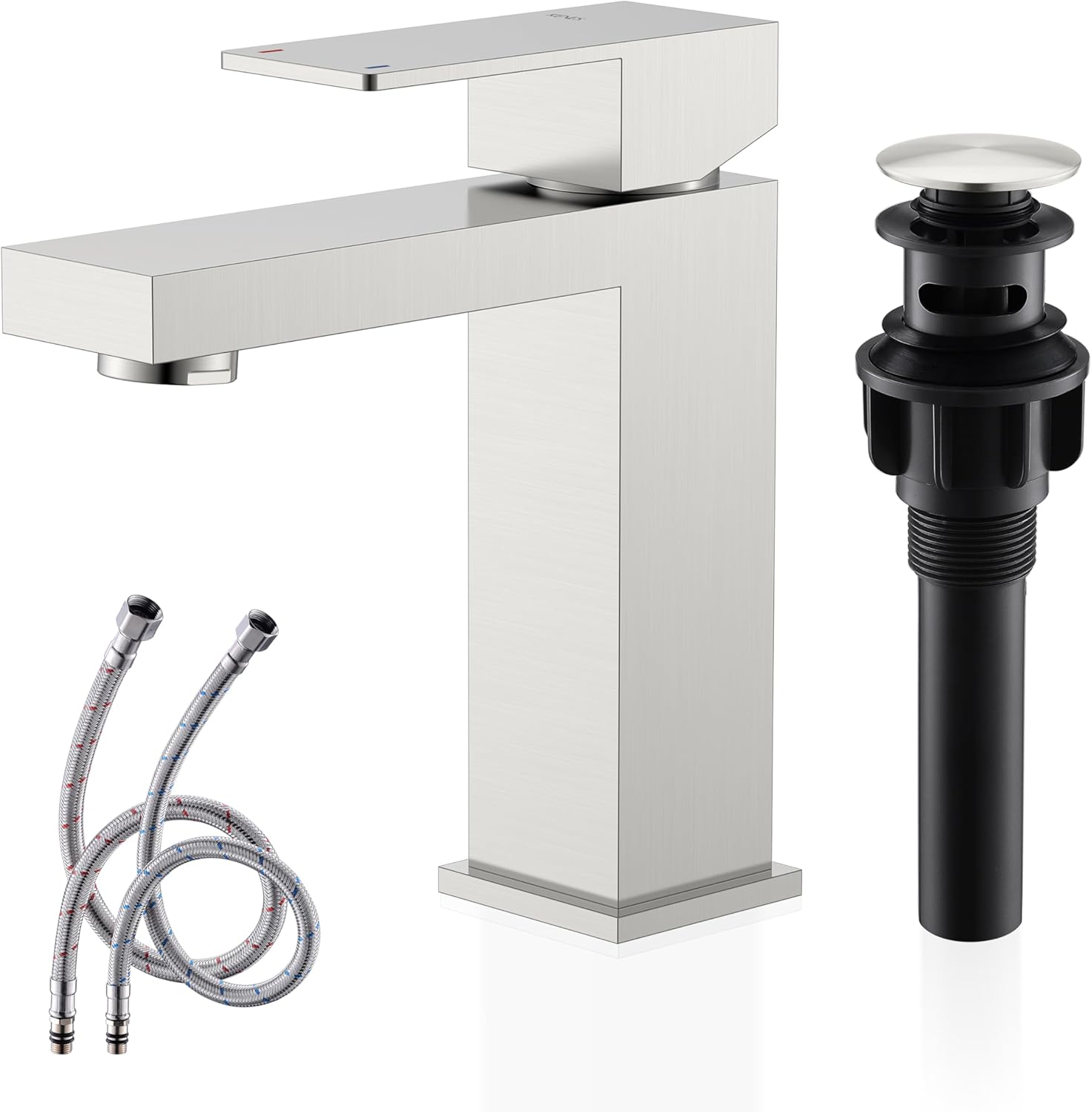 Brushed Nickel Vanity Faucet for Bathroom Sink, with Pop up Drain Stopper & Water Supply Lines