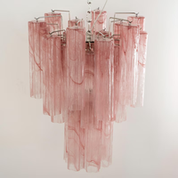 Grand Lustre Tube d'Albâtre Rose en Verre de Murano à Trois Niveaux