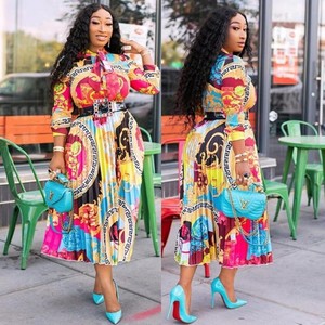 Abito Midi Casual da Donna Taglie Forti <span class=keywords><strong>con</strong></span> Stampa Africana, Colletto <span class=keywords><strong>a</strong></span> Papillon e Maniche <span class=keywords><strong>a</strong></span> <span class=keywords><strong>Tre</strong></span> <span class=keywords><strong>Quarti</strong></span> Plissettate - Product Image 1