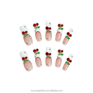 Ongles artificiels de luxe de haute qualité, <span class=keywords><strong>manucure</strong></span> française, décoration 3D <span class=keywords><strong>cerise</strong></span>, ongles press-on faits à la main - Product Image 5