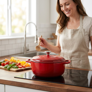 Cocotte en fonte émaillée rouge robuste pour cuisson lente et saine, compatible induction - Product Image 5