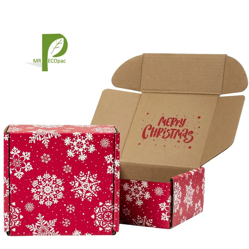 Weihnachten recycelbare Wellpappe Mailer Roter Karton Weiße Schneeflocke Gedruckt Perfekt für den Versand Klein