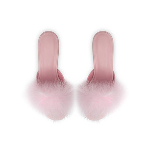 Moda nuovo Design punta rotonda estate rosa piuma ciabatte Mules <span class=keywords><strong>tacchi</strong></span> da gattino Slip on sandali donna <span class=keywords><strong>tacchi</strong></span> - Product Image 4