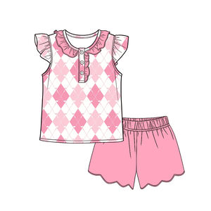 Vestido Informal Personalizado con Estampado a Cuadros de Golf para Niñas, Vestido con Volantes para Niñas Pequeñas, Conjuntos de Pantalones Cortos con Borde Festoneado, Ropa de Algodón y Elastano para Hermanas - Product Image 3