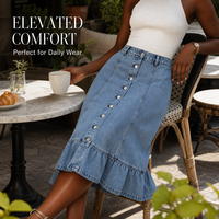 Jupe midi en jean bleu clair taille haute pour femme - Jupes évasées vintage à boutons sur le devant avec ourlet à volants - Coupe trapèze élégante