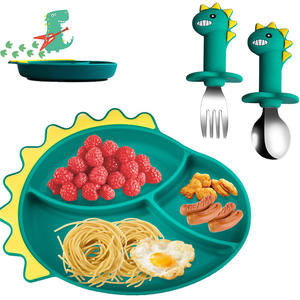 Cuillères et fourchettes en acier inoxydable de 3 pièces avec plaques d'aspiration en forme de <span class=keywords><strong>dinosaure</strong></span>, ensemble d'alimentatio - Product Image 1