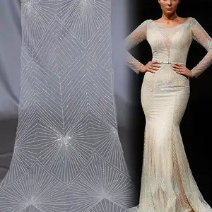 2024 New Design Luxury Sequin Beaded Wedding Lace Fabric White Tulle Embroidery Lace Fabric